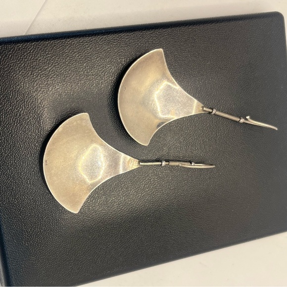 Fan shield long artisan sterling silver dangle vintage earrings modernist style - Picture 10 of 14
